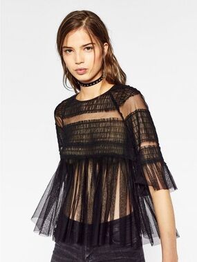 ZARA Frilly Lace Tulle Ballerina Flare Ruffle Babydoll Top SMALL